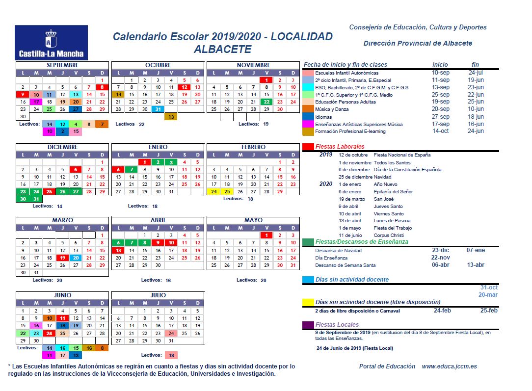 Calendario escolar 2019 y 2020